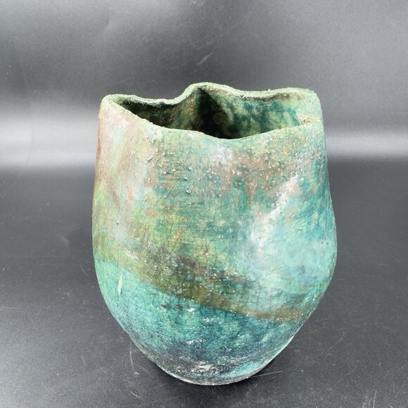 Vintage Raku Studio Art Pottery Vase Bowl Wavy Star Top Green Shiny Glaze Signed - Picture 12 of 14